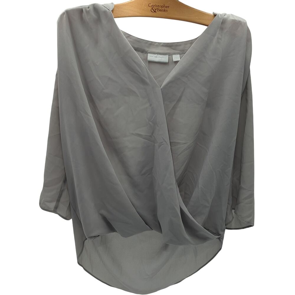 NEW YORK & COMPANY S Gray Draped V-Neck Blouse